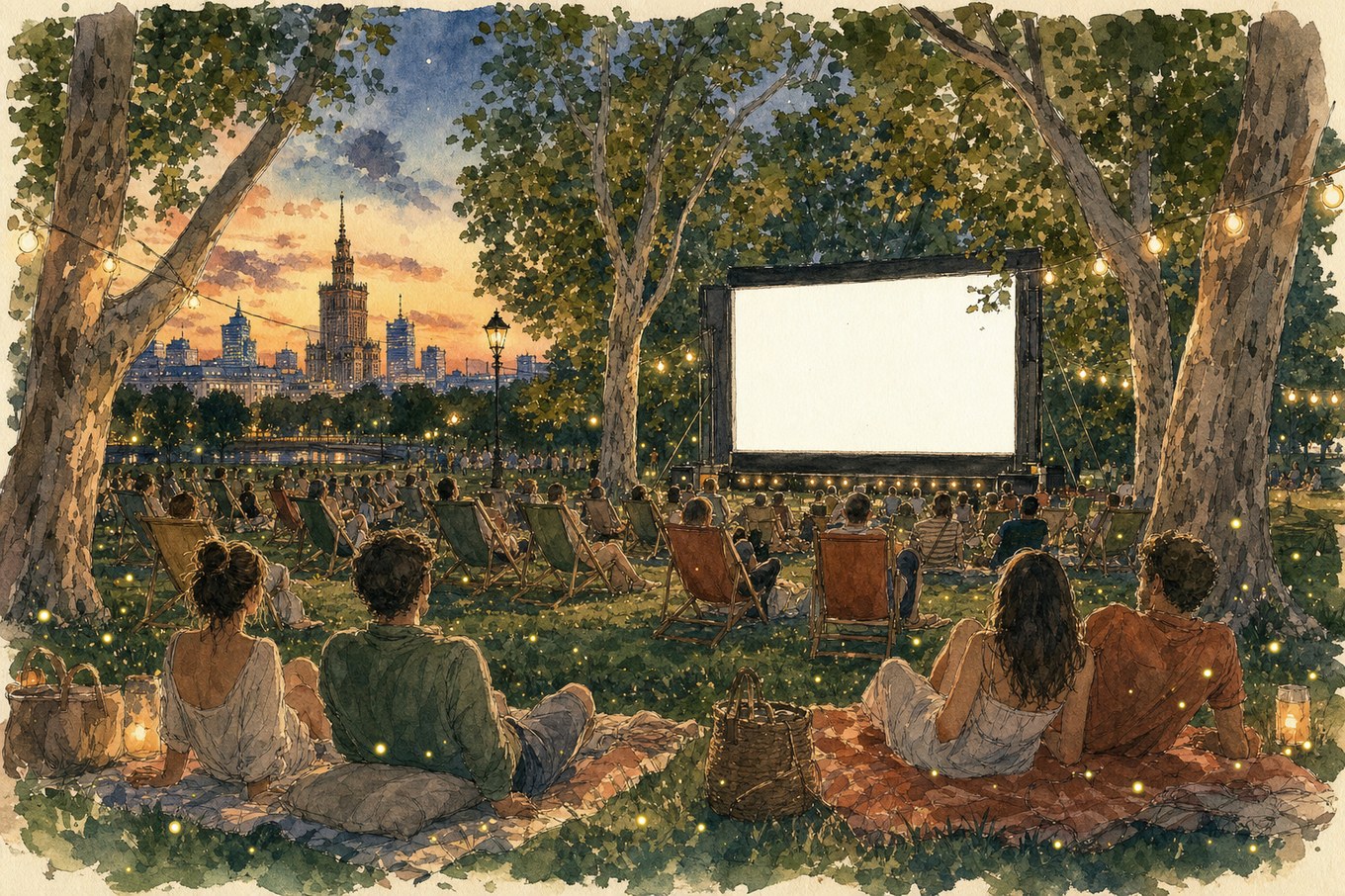 Letnie kino plenerowe w parku o zmierzchu — ilustracja