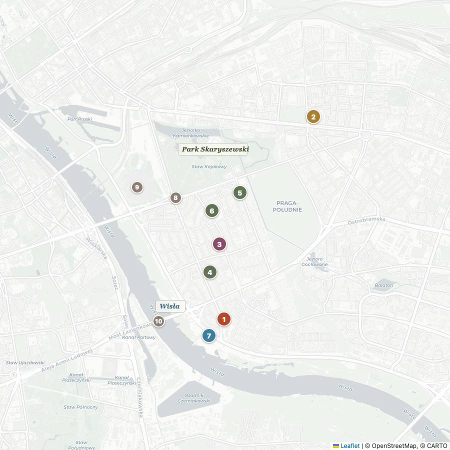 Mapa Saskiej Kępy na podkładzie OpenStreetMap z ponumerowanymi lokalizacjami: PROM Kultury, CPK, biblioteki, Hala Saska, Plaża Saska, Park Skaryszewski, Rondo Waszyngtona, Most Łazienkowski.