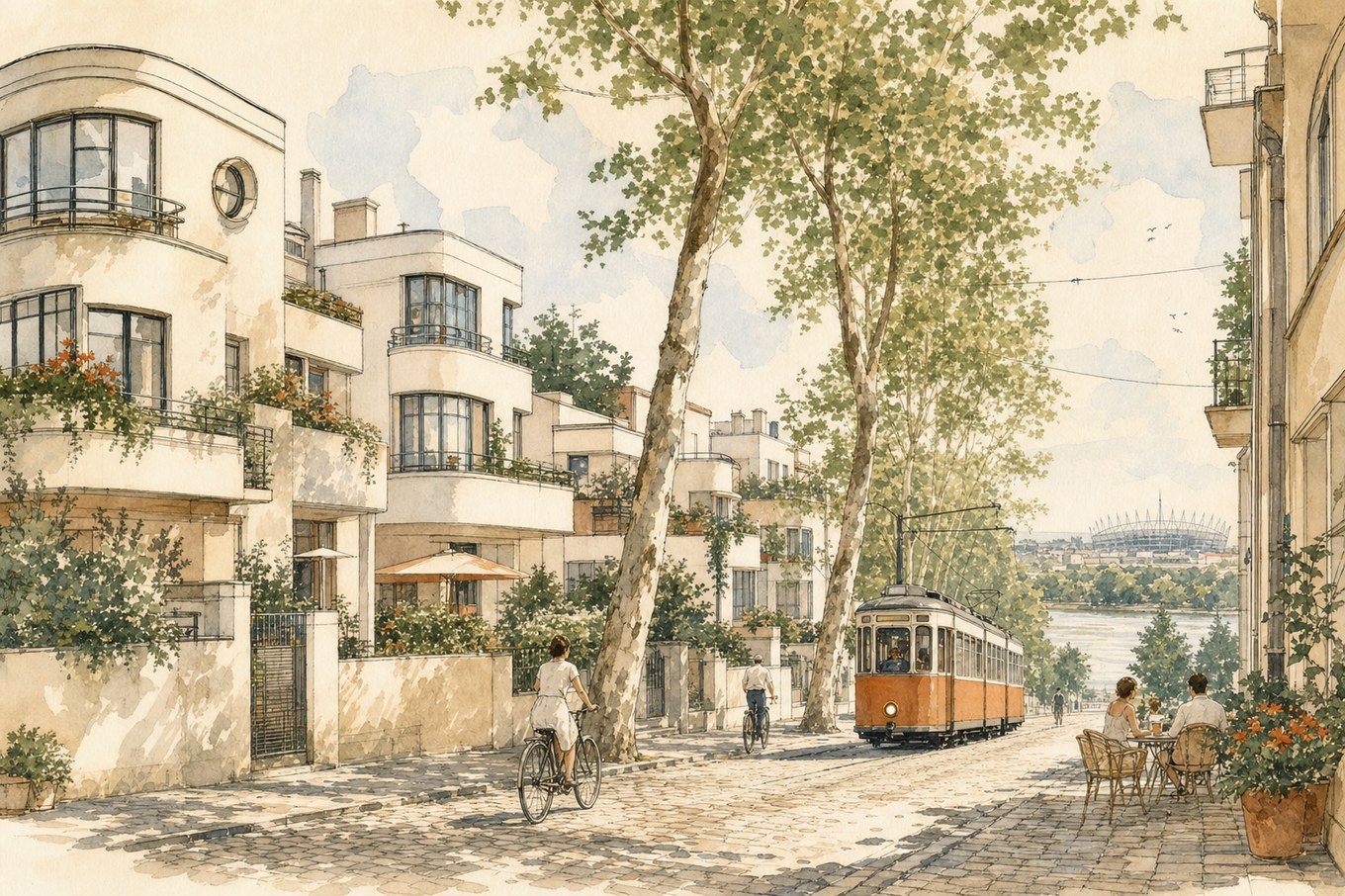 Ilustracja Saskiej Kępy — modernistyczne wille, platany i tramwaj