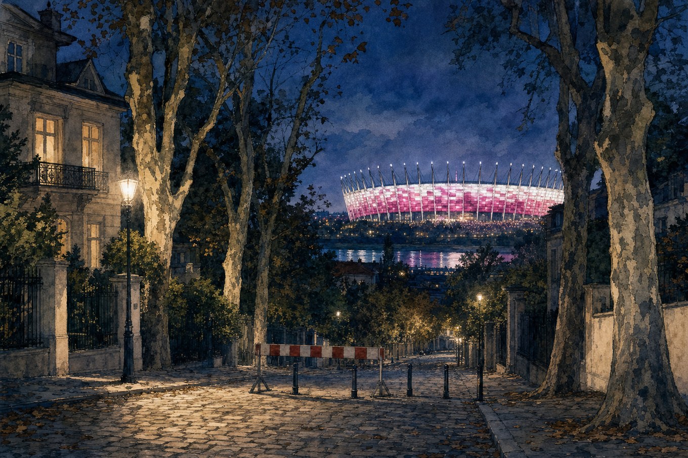 Rozświetlony stadion widziany znad cichych ulic Kępy nocą — ilustracja